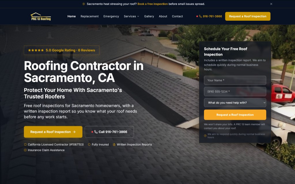 PRC 13 Roofing website after redesign